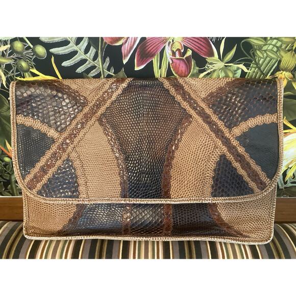 Carlos Falchi Vintage Fabulous Large Brown Skins Leather & Snakeskin Clutch - Picture 1 of 8